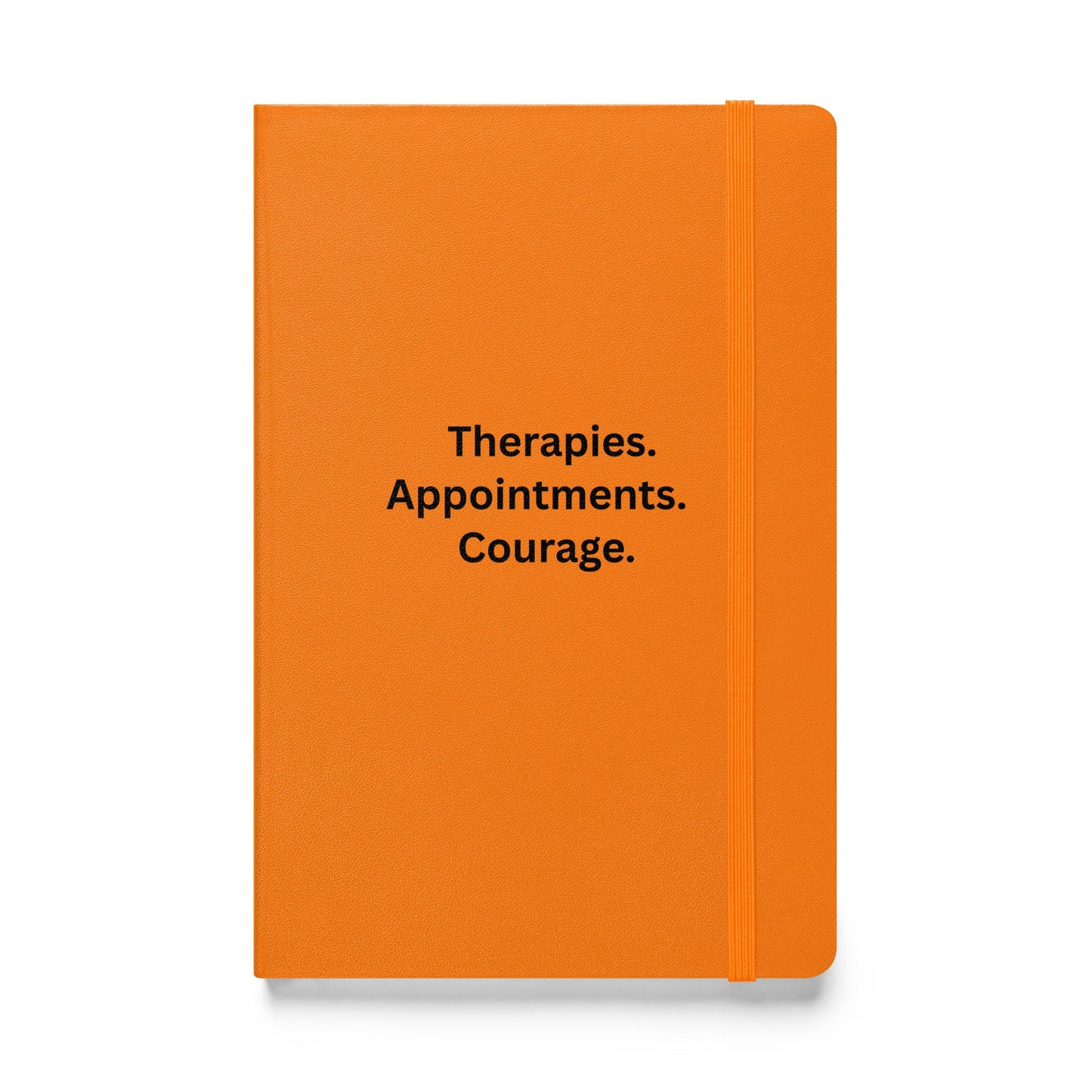 Orange notebook with black text on a white background