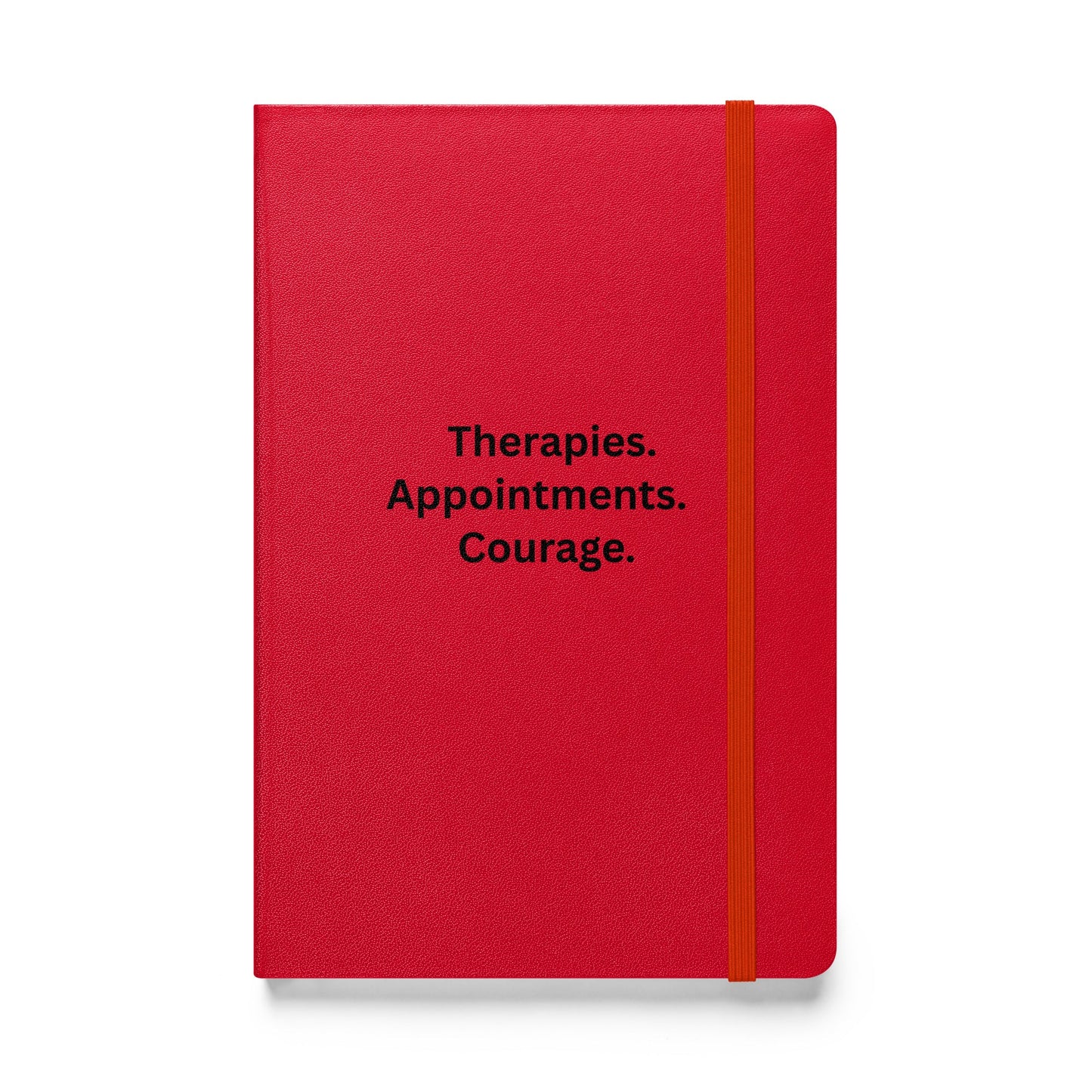 Red notebook with black text on a white background