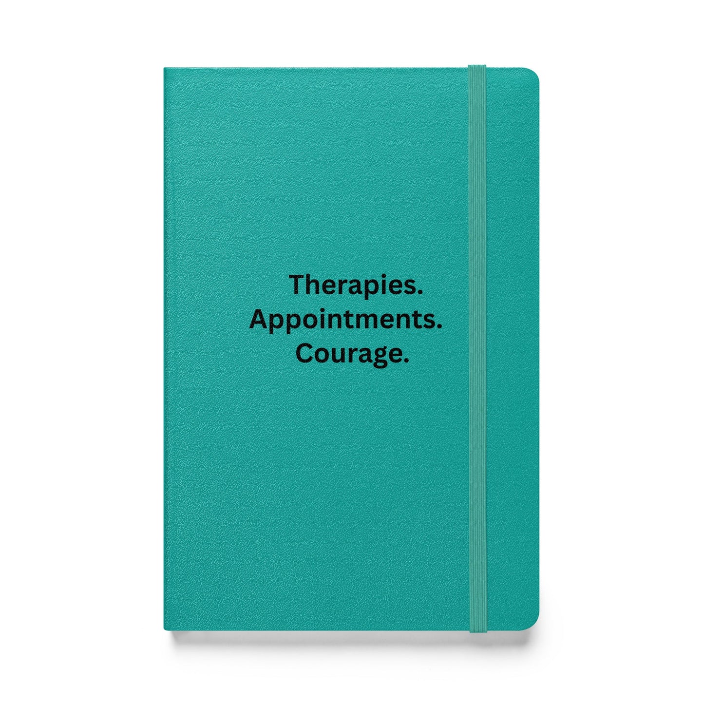 Teal notebook with text 'Therapies. Appointments. Courage.' on a white background