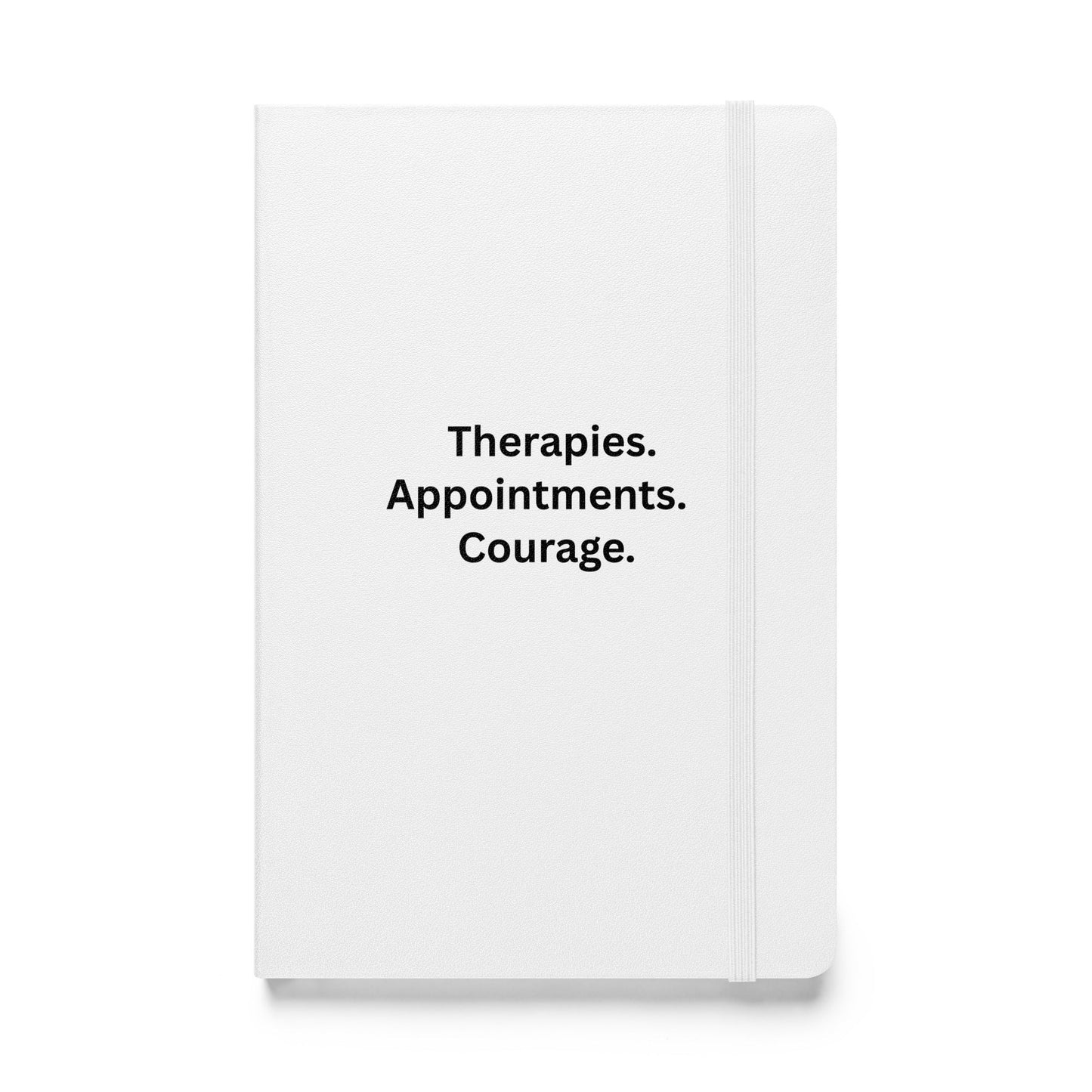 White notebook with black text on a white background