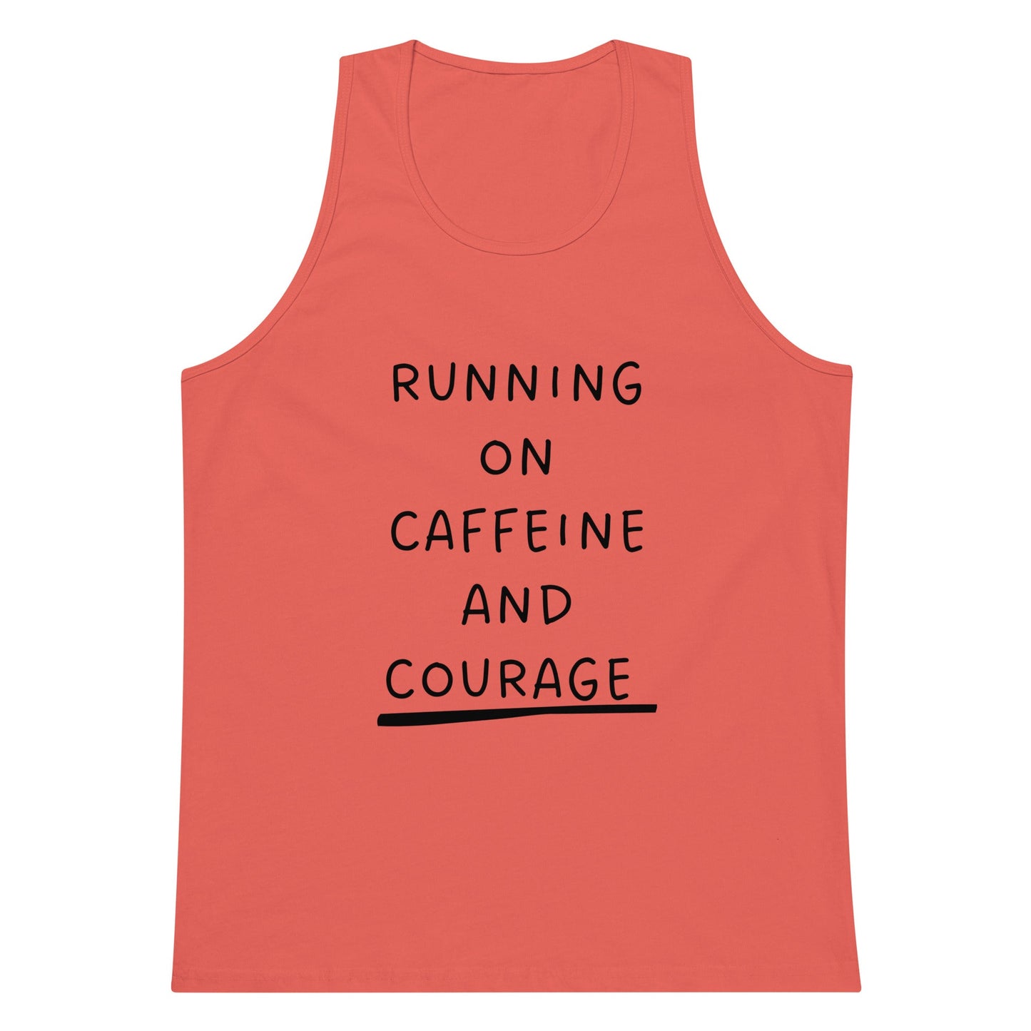 Red tank top with 'Running on Caffeine and Courage' text on a white background