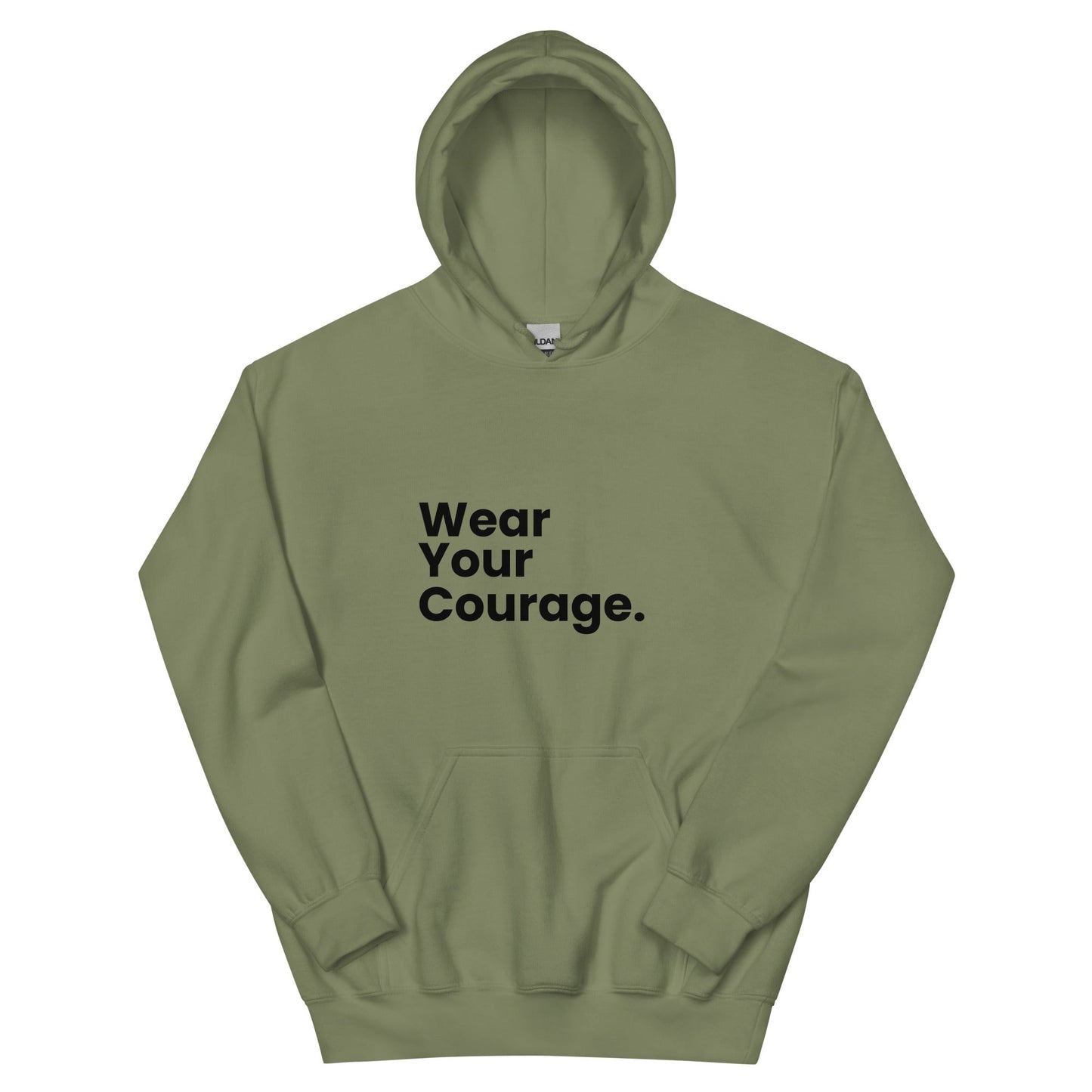 Sage green hoodie with 'Wear Your Courage' text on a white background