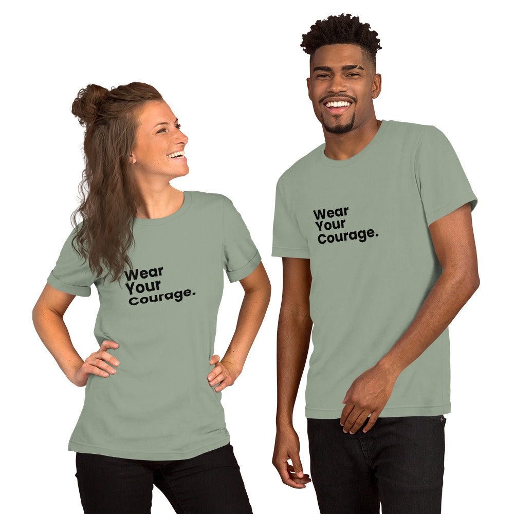 Two people wearing matching green t-shirts with 'Wear Your Courage' text on a white background