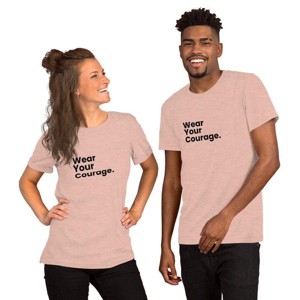 Two people wearing matching pink t-shirts with 'Wear Your Courage' text on a white background