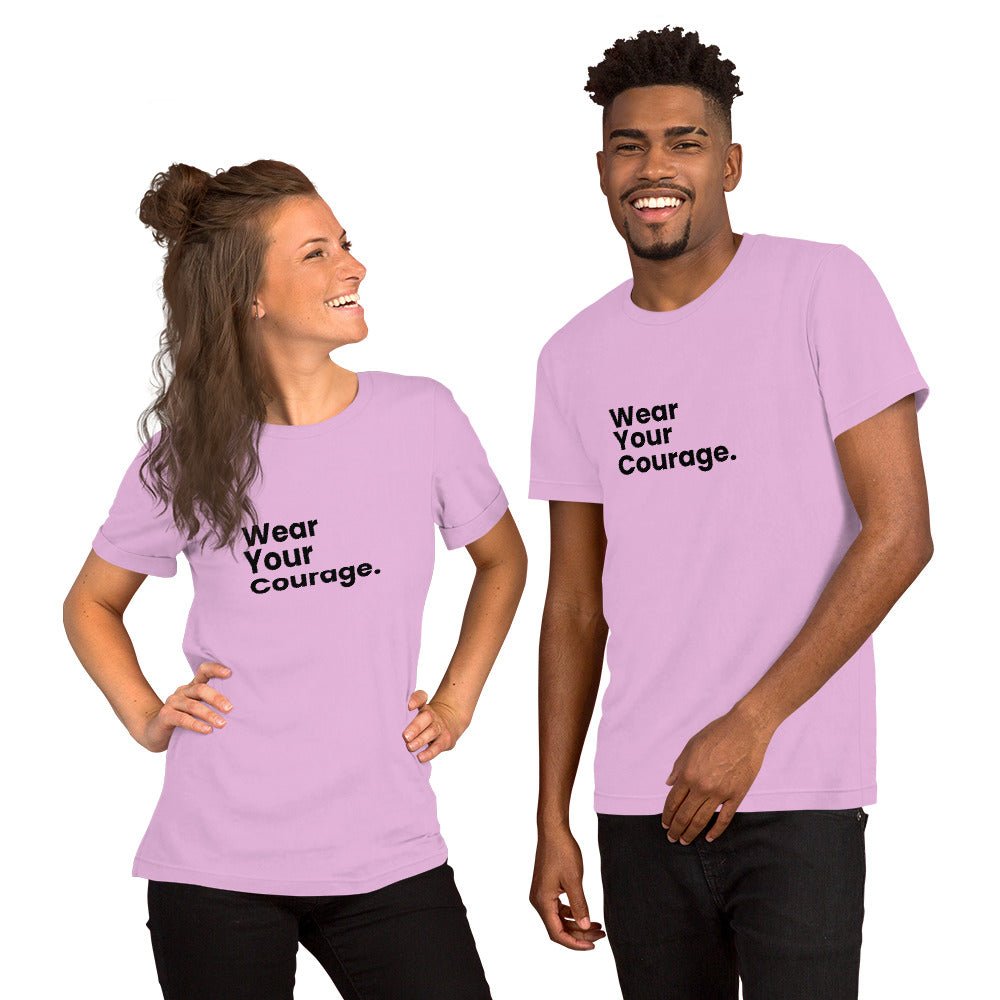 Two people wearing purple t-shirts with 'Wear Your Courage' text on a white background