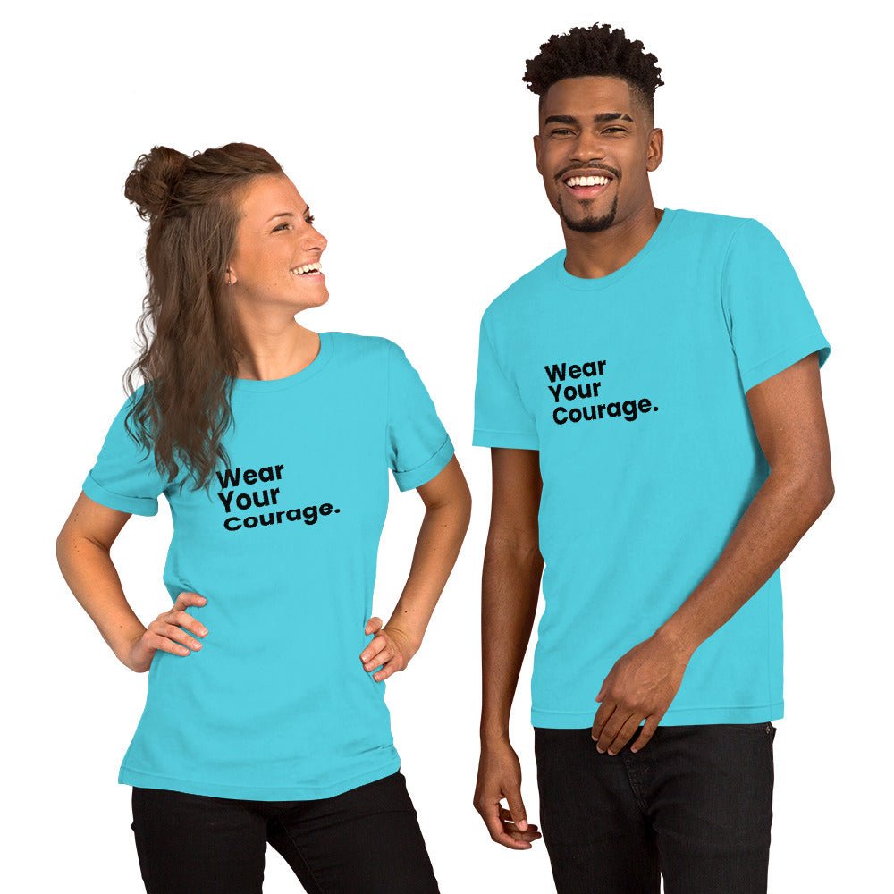Two people wearing matching blue t-shirts with 'Wear Your Courage' text on a white background