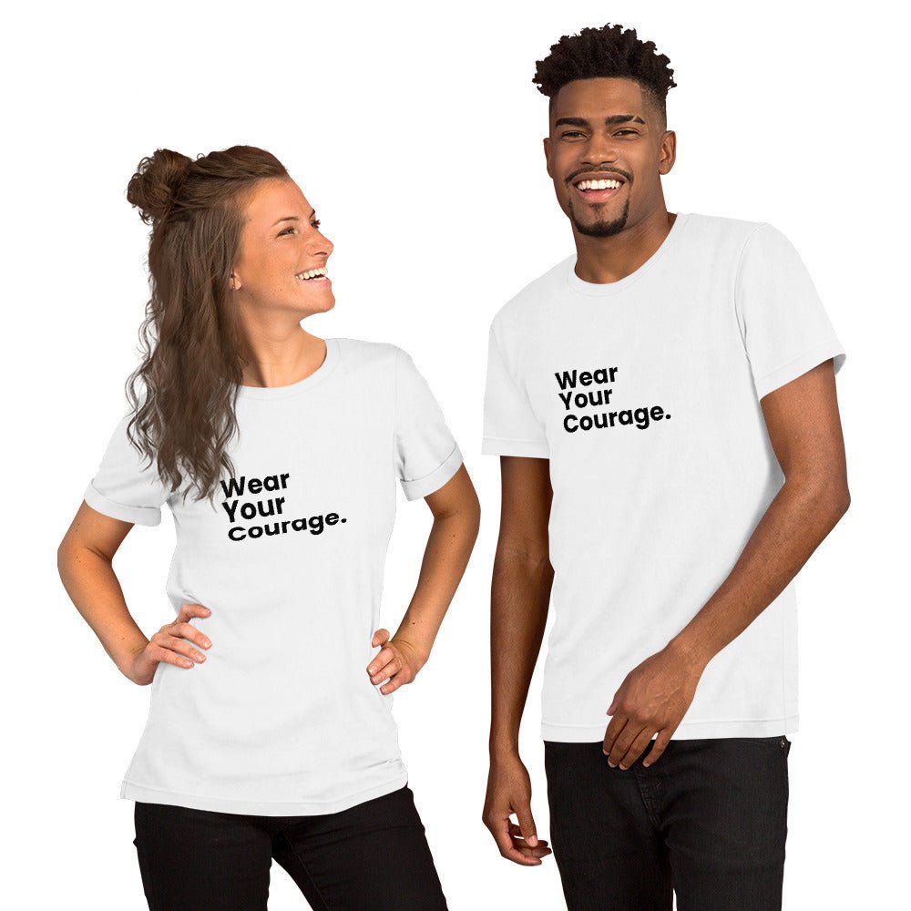 Two people wearing white t-shirts with 'Wear Your Courage' text on a white background