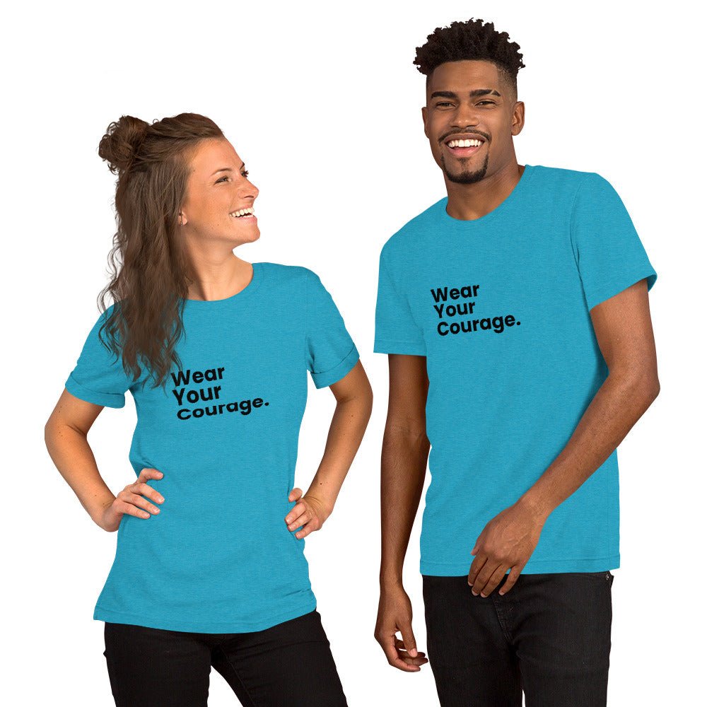 Two people wearing blue t-shirts with 'Wear Your Courage' text on a white background