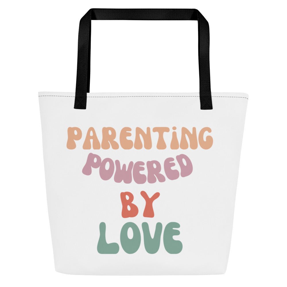 White tote bag with 'Parenting Powered by Love' text on a white background