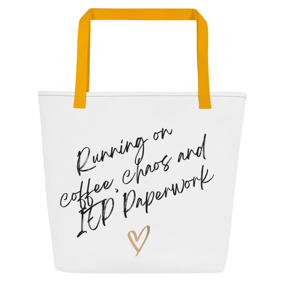 White tote bag with yellow handles and text on a white background