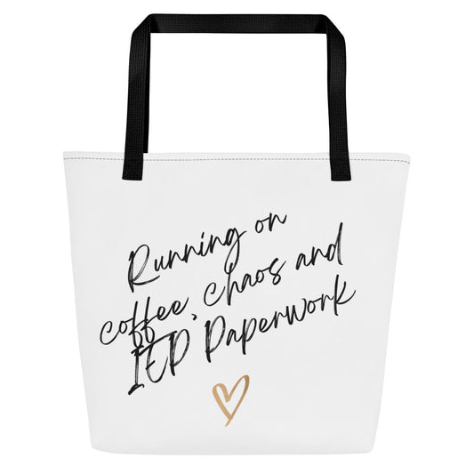 White tote bag with black text and a gold heart on a white background