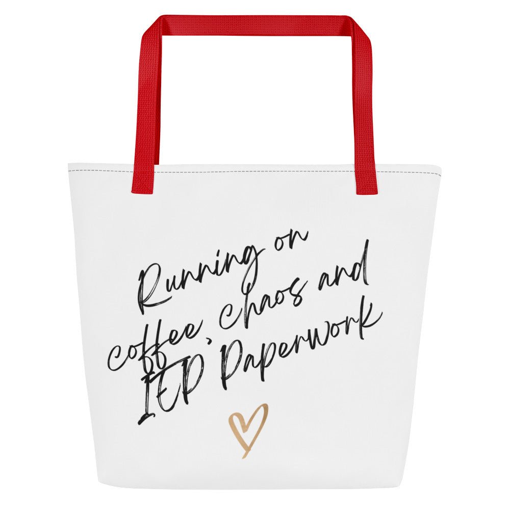 White tote bag with red handles and humorous text on a white background