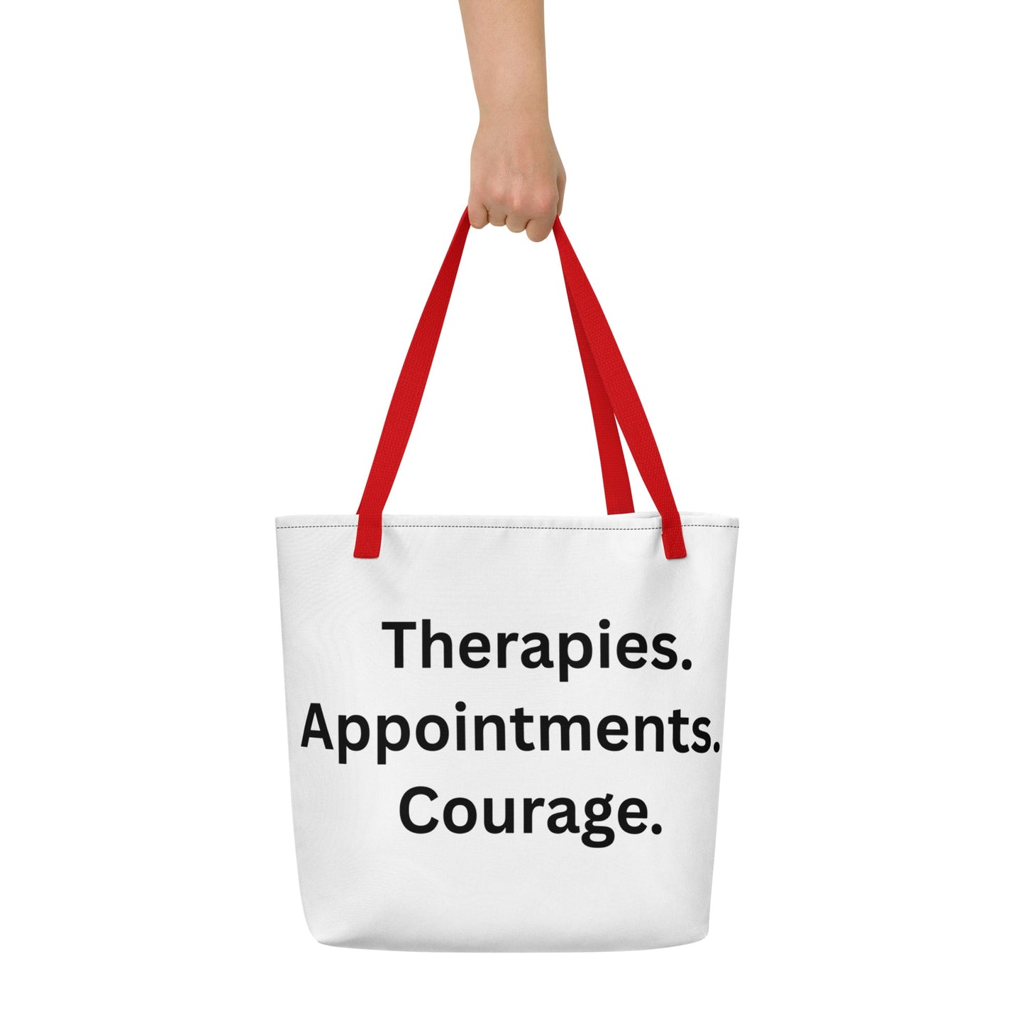 White tote bag with red handles and black text on a white background