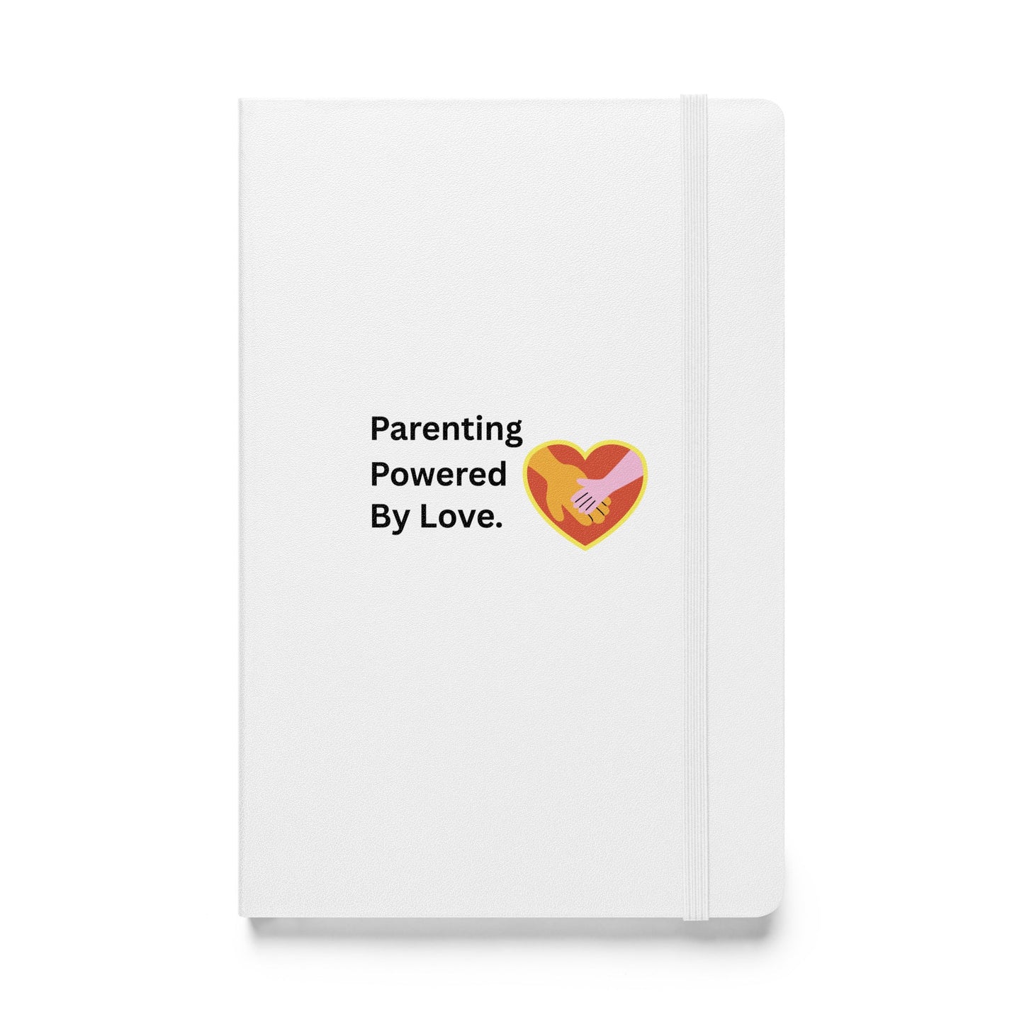Notebook with 'Parenting Powered By Love' text and heart design on a white background
