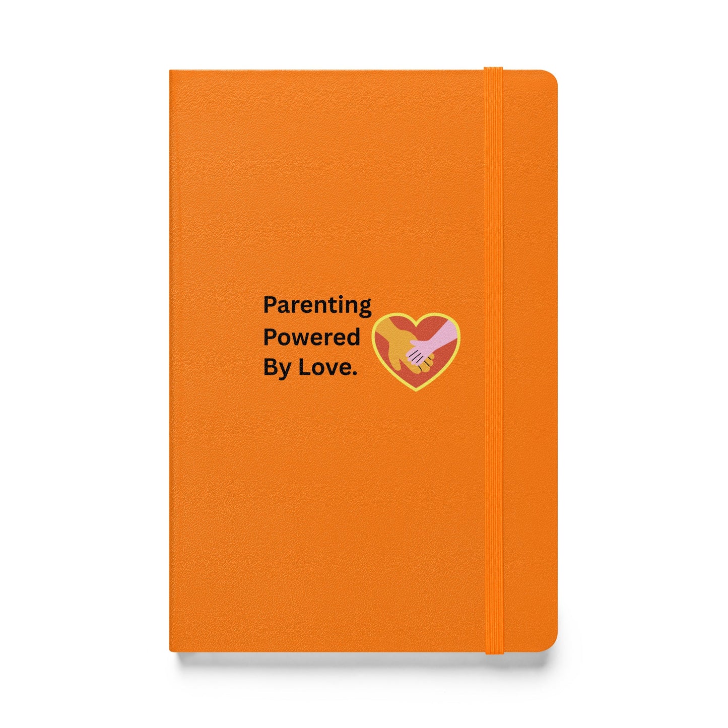 Orange notebook with 'Parenting Powered By Love' text and heart design on a white background