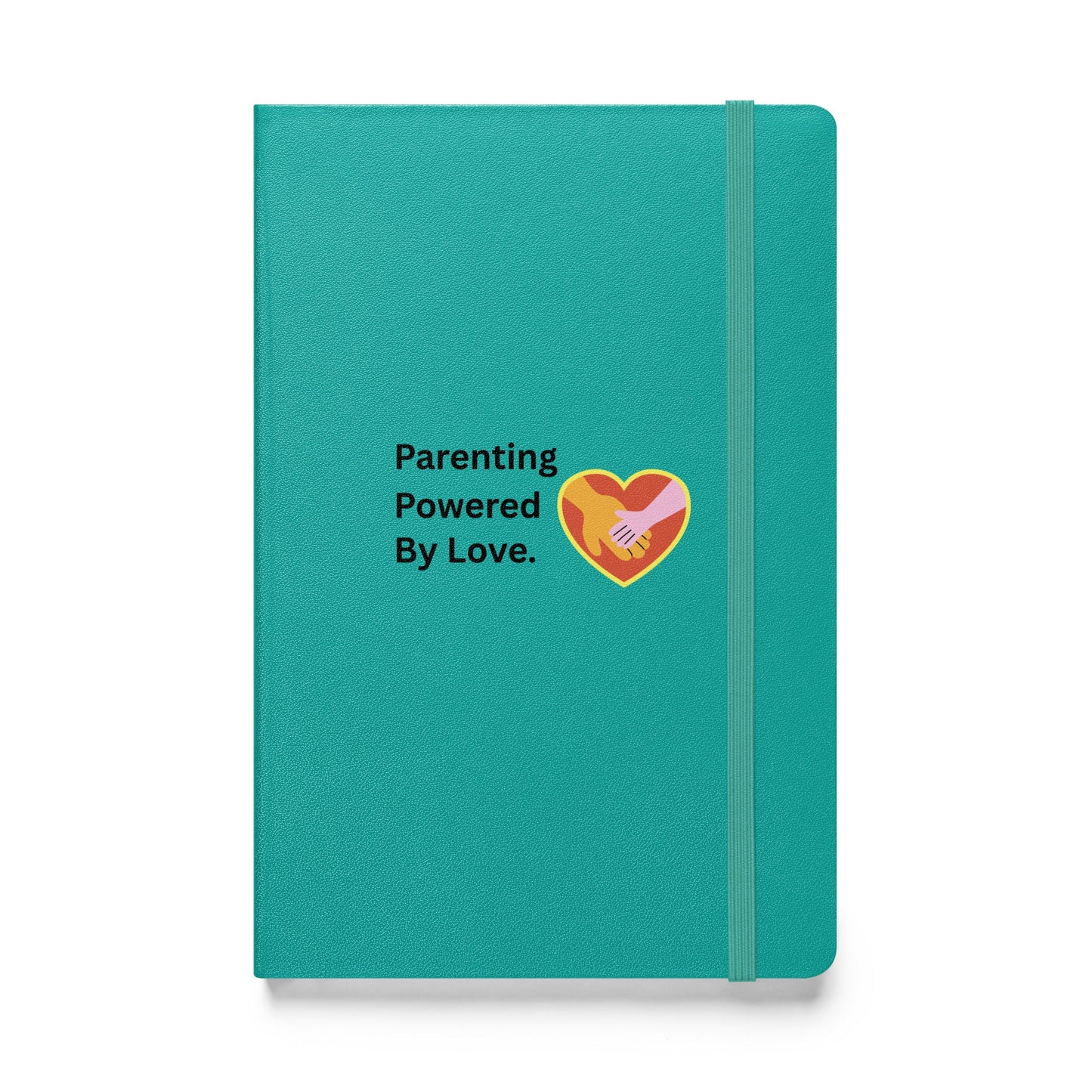 Teal notebook with 'Parenting Powered By Love' text and heart design on a white background