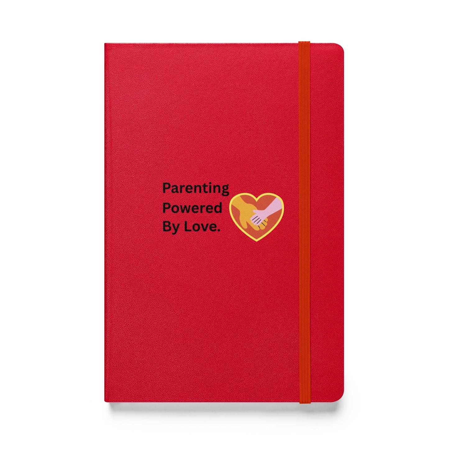 Red notebook with 'Parenting Powered By Love' text and heart design on a white background