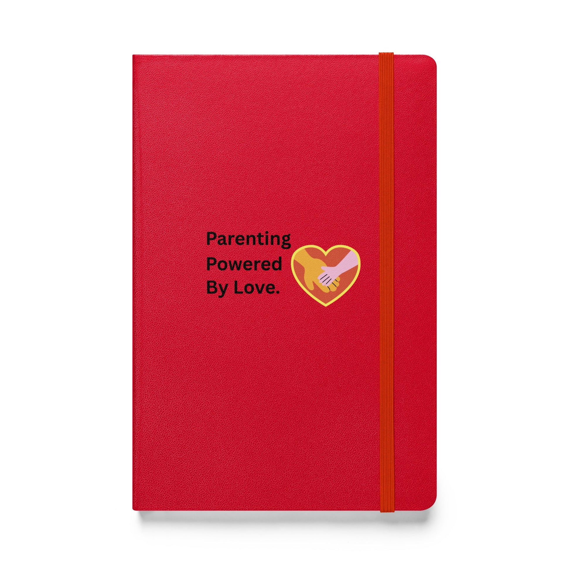 Red notebook with 'Parenting Powered By Love' text and heart design on a white background