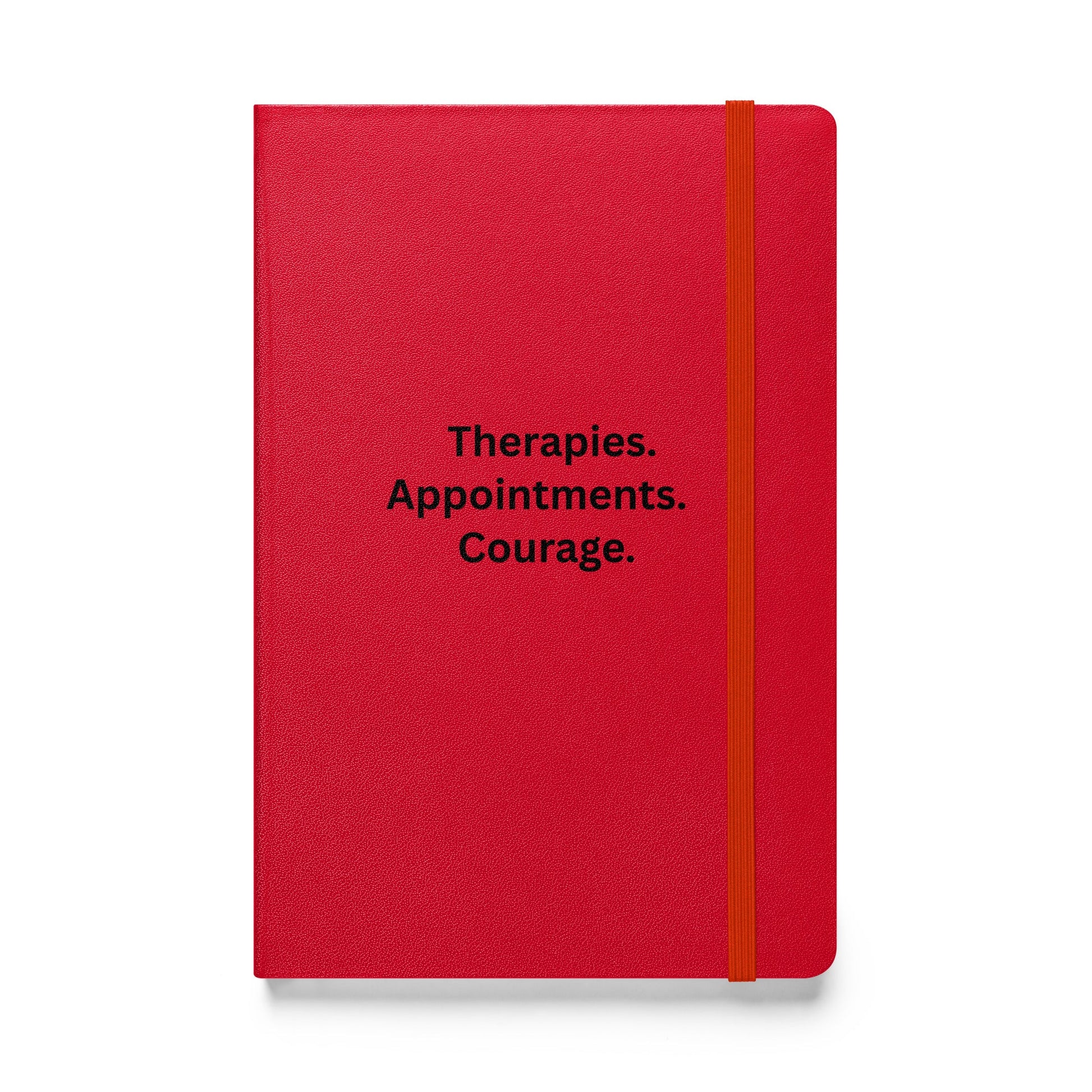Red notebook with black text on a white background