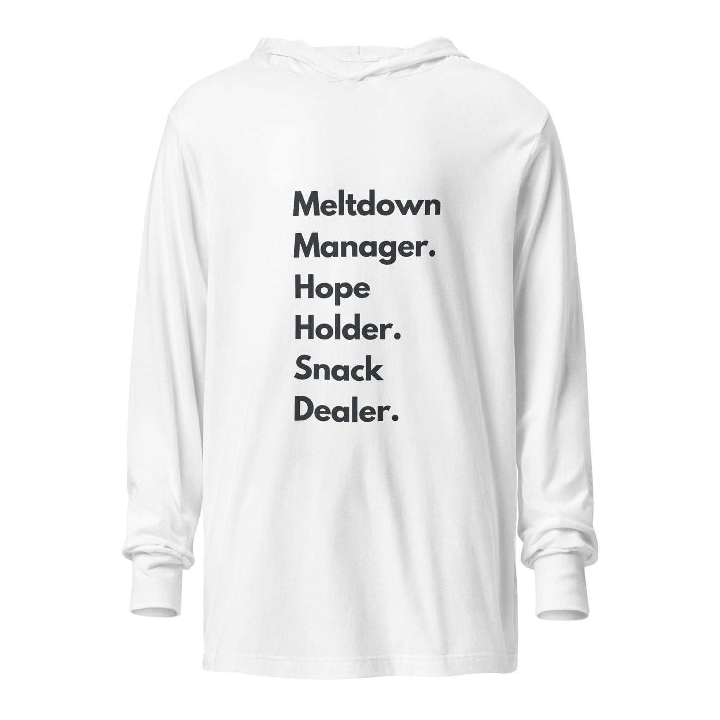 White hoodie with black text on a white background