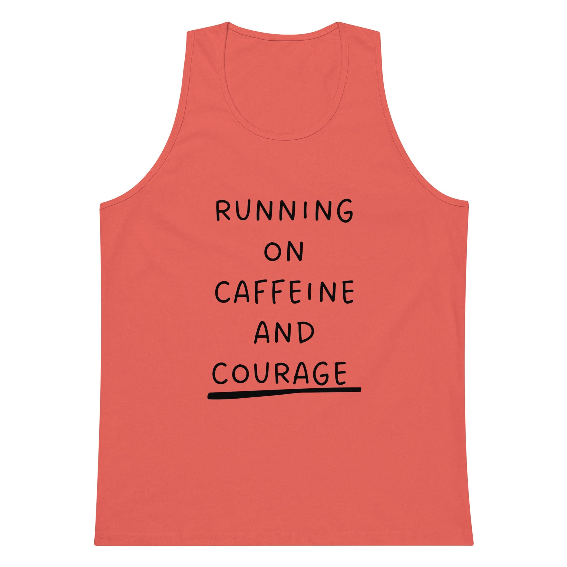Red tank top with 'Running on Caffeine and Courage' text on a white background