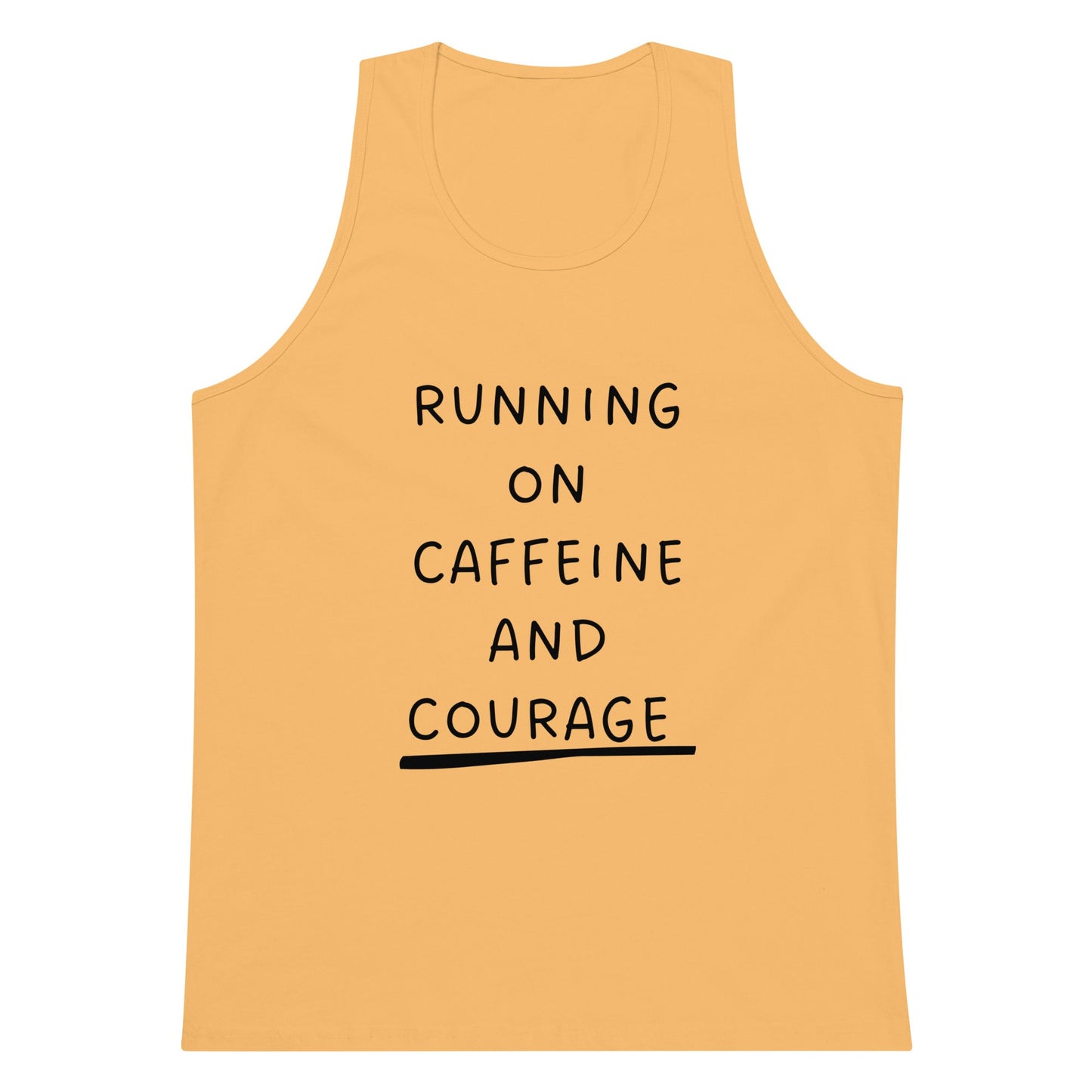 Yellow tank top with 'Running on Caffeine and Courage' text on a white background