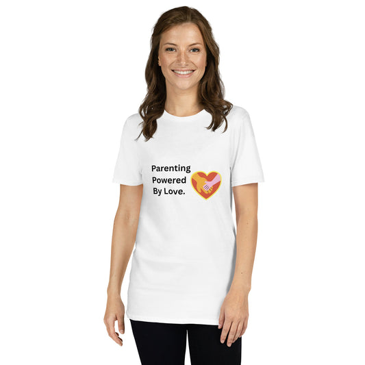 Woman wearing a white t-shirt with 'Parenting Powered By Love' text and graphic on a white background