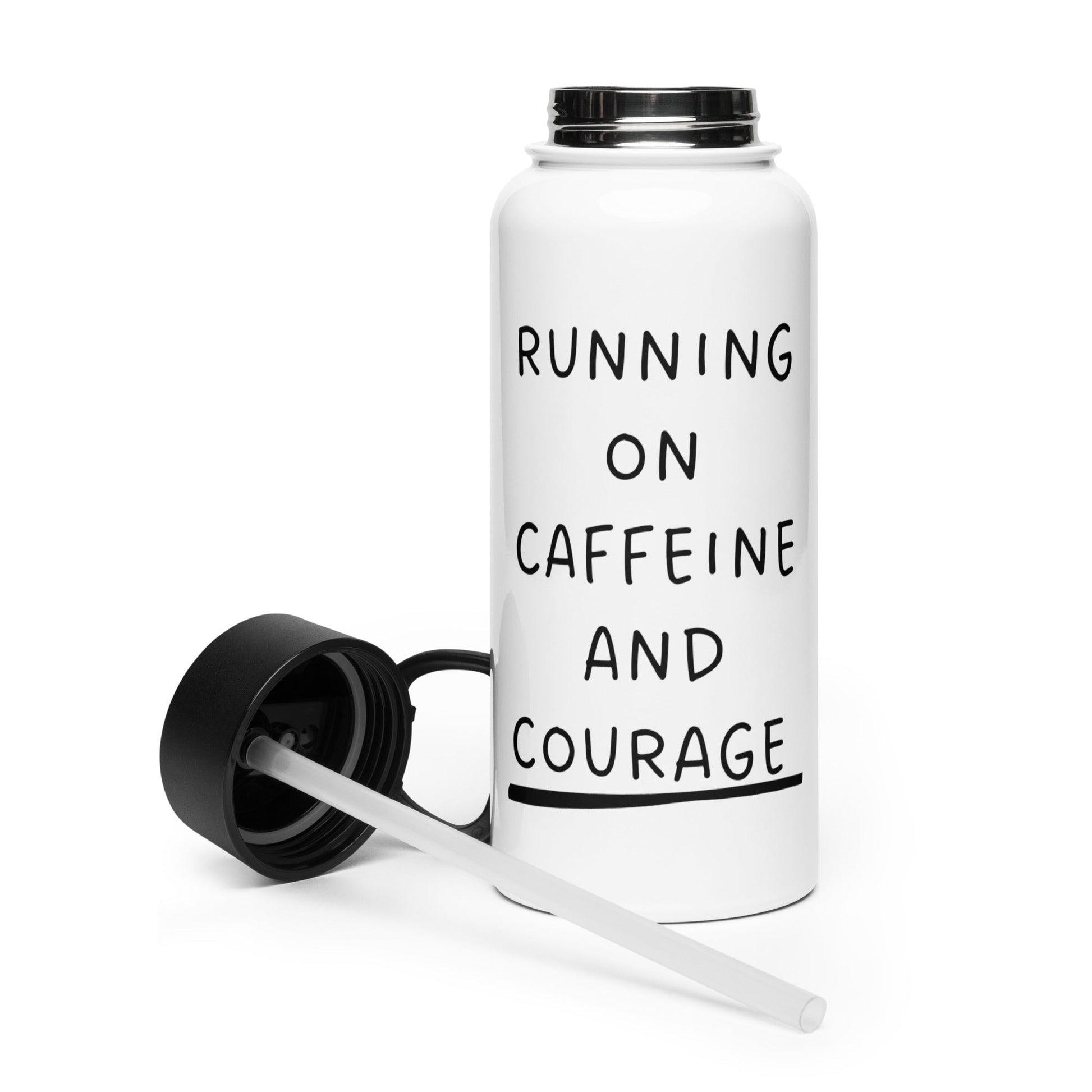 White water bottle with black text 'RUNNING ON CAFFEINE AND COURAGE' on a white background