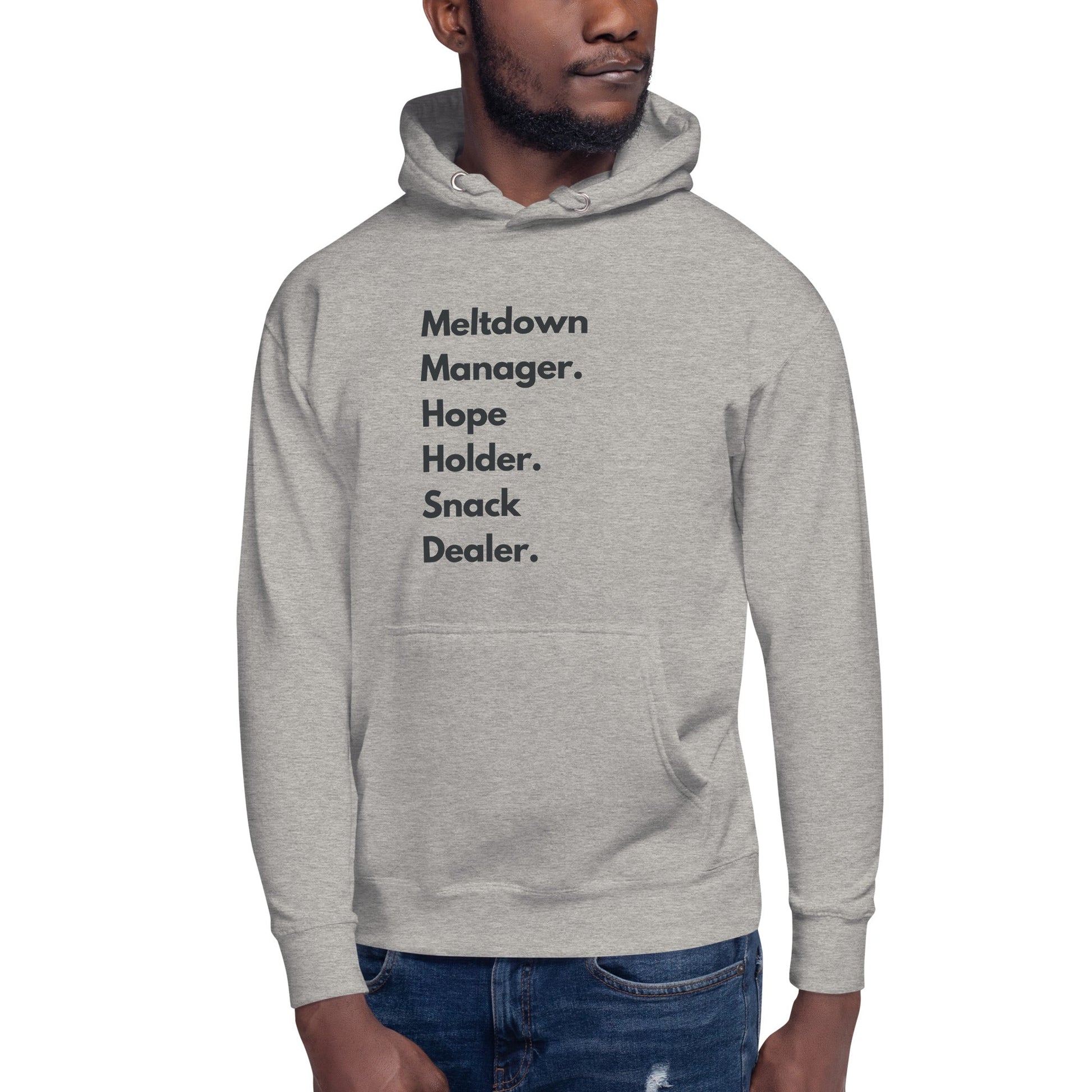 Person wearing a gray hoodie with text on a white background