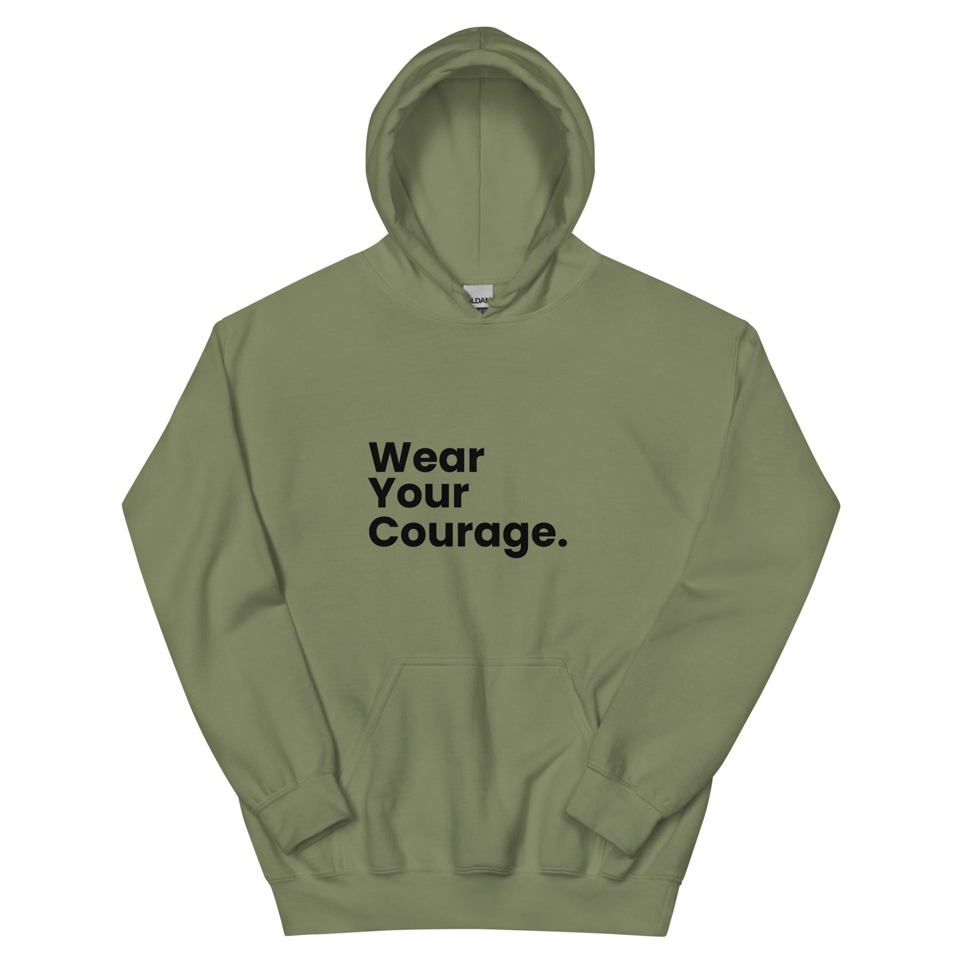 Sage green hoodie with 'Wear Your Courage' text on a white background