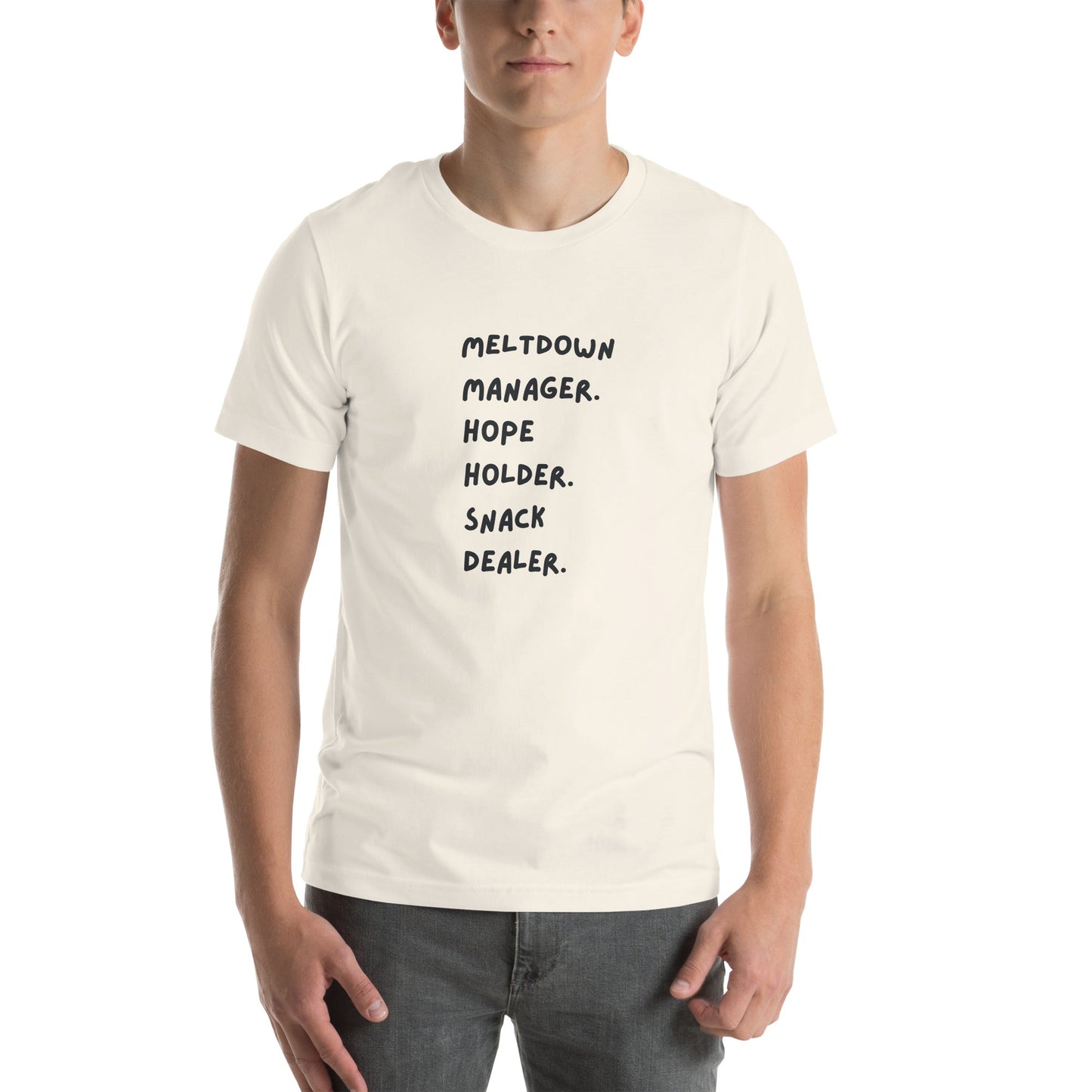 Person wearing a white t-shirt with text on a white background