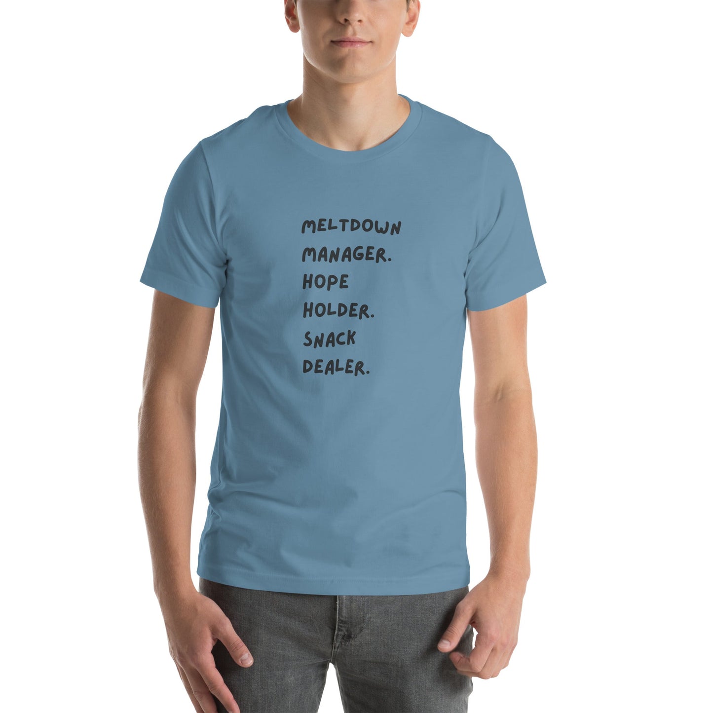 Person wearing a blue t-shirt with text on a white background