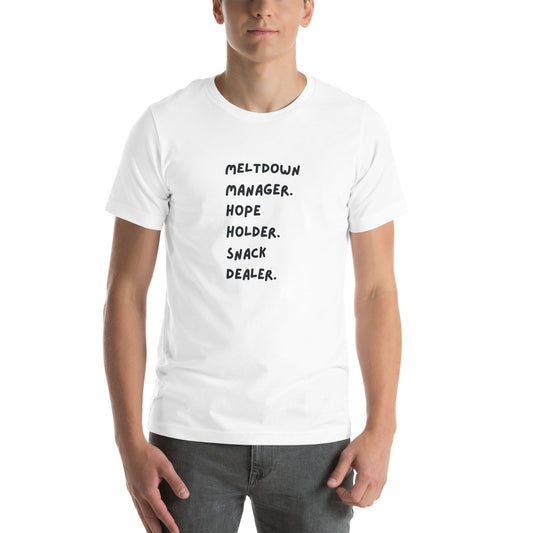 Person wearing a white t-shirt with text on a white background