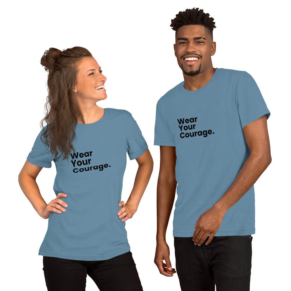 Two people wearing blue t-shirts with 'Wear Your Courage' text on a white background