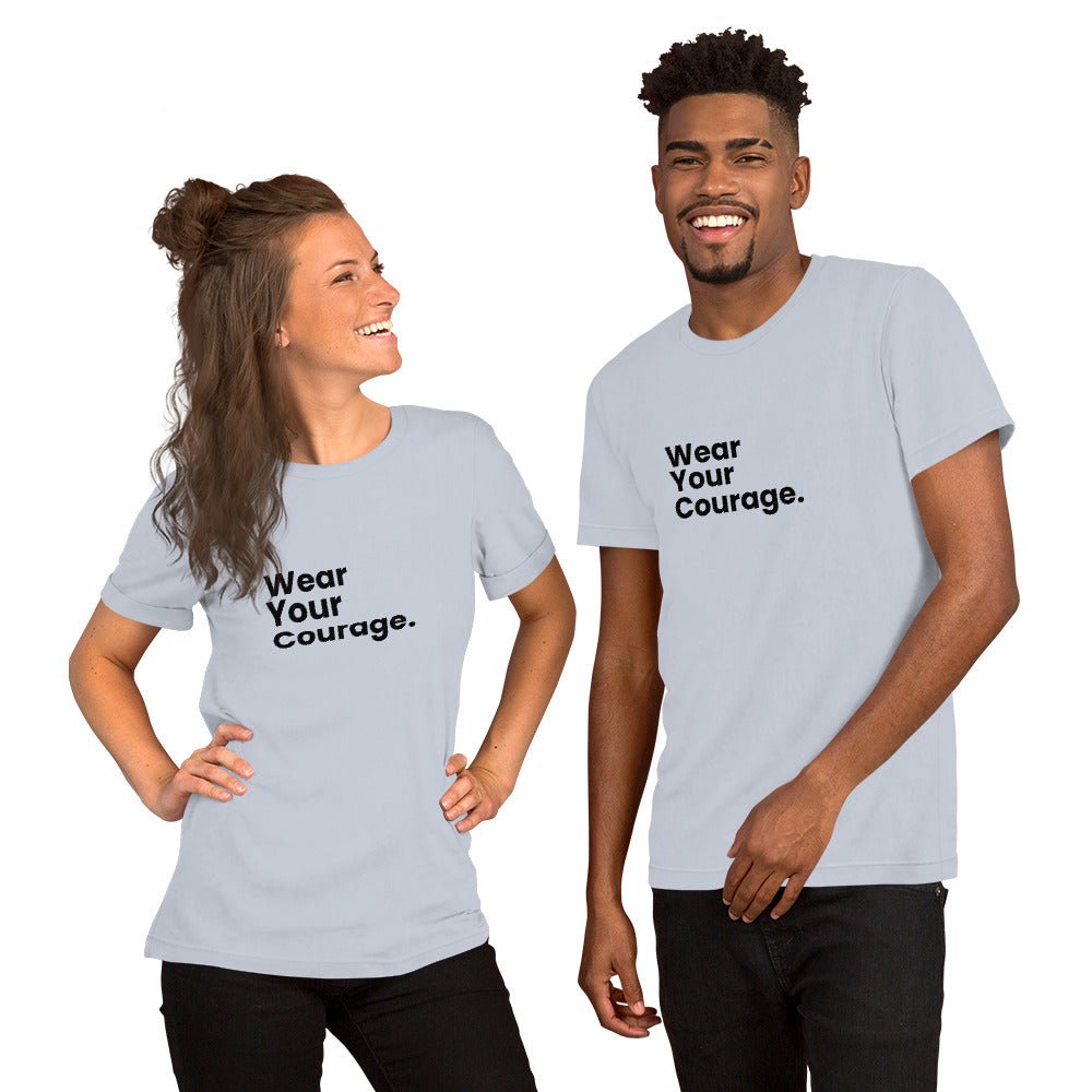 Two people wearing light gray t-shirts with 'Wear Your Courage' text on a white background