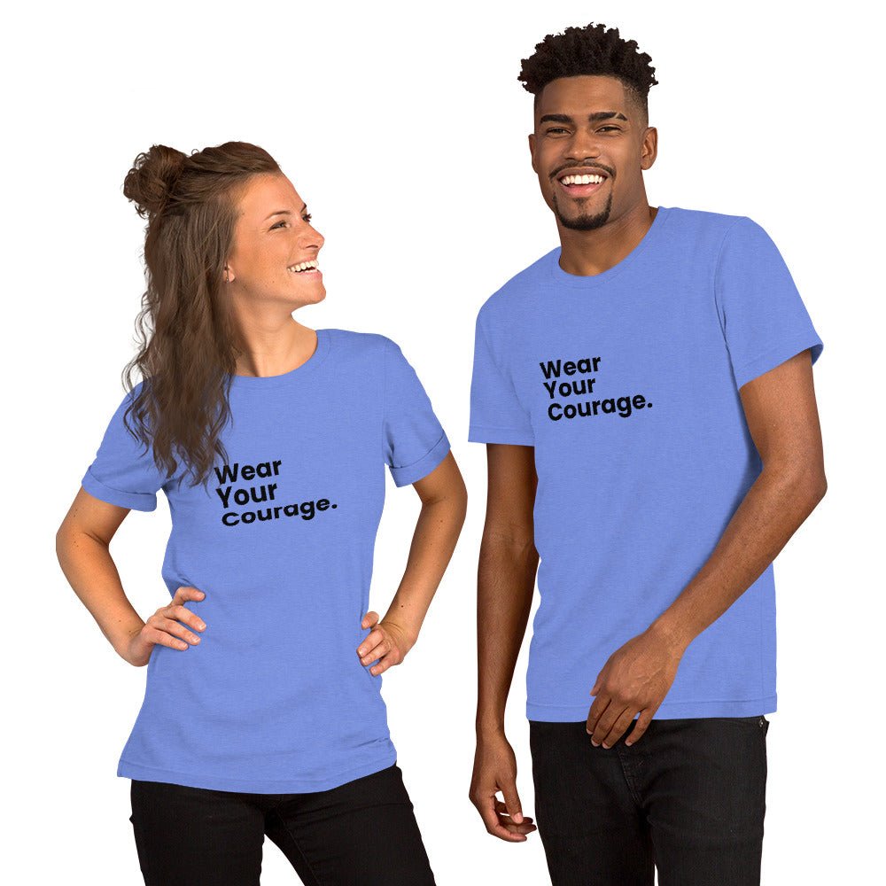 Two people wearing blue t-shirts with 'Wear Your Courage' text on a white background