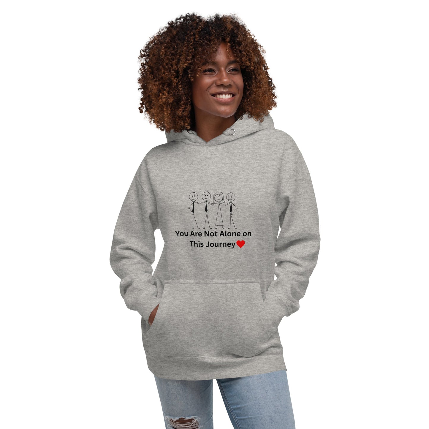 Person wearing a gray hoodie with a motivational message on a white background