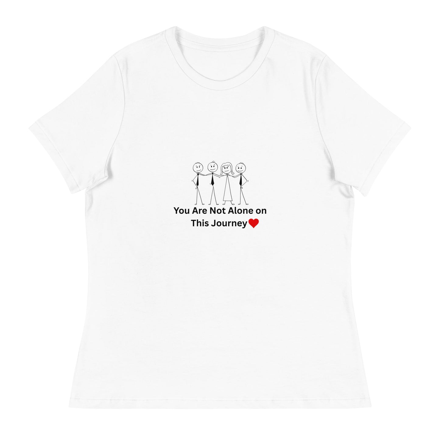 White t-shirt with a graphic and text 'You Are Not Alone on This Journey' on a white background
