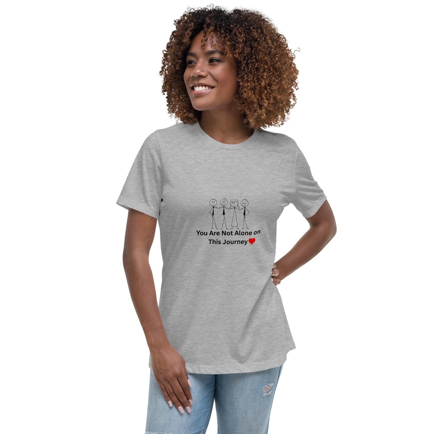 Woman wearing a gray t-shirt with a motivational message on a white background